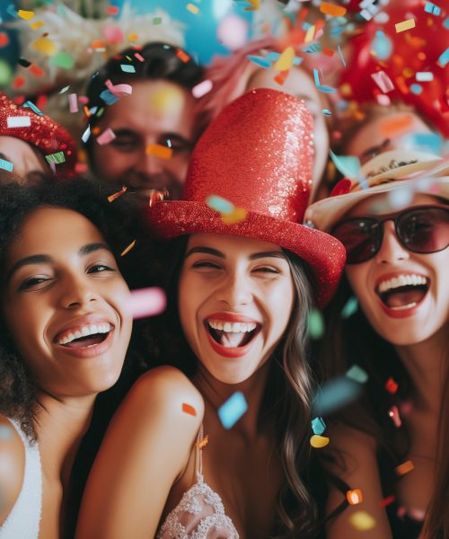 Selfie of happy moments in the photo booth. Group of diverse friends together sharing laughter and positive energy taking a snapshot of the moment. Effervescent glitter with shine and festive essence.